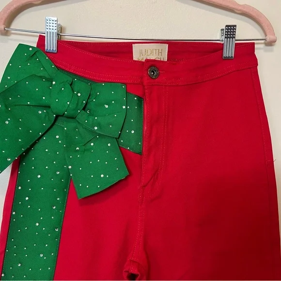 Judith March Red Flare Pants with Green Side Bow. Medium. NWOT - Picture 5 of 9